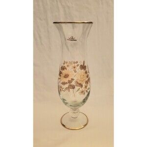 Vtg Viking Vase Clear Glass Floral Print Footed 10" Yellow Tan Gold Mid Century